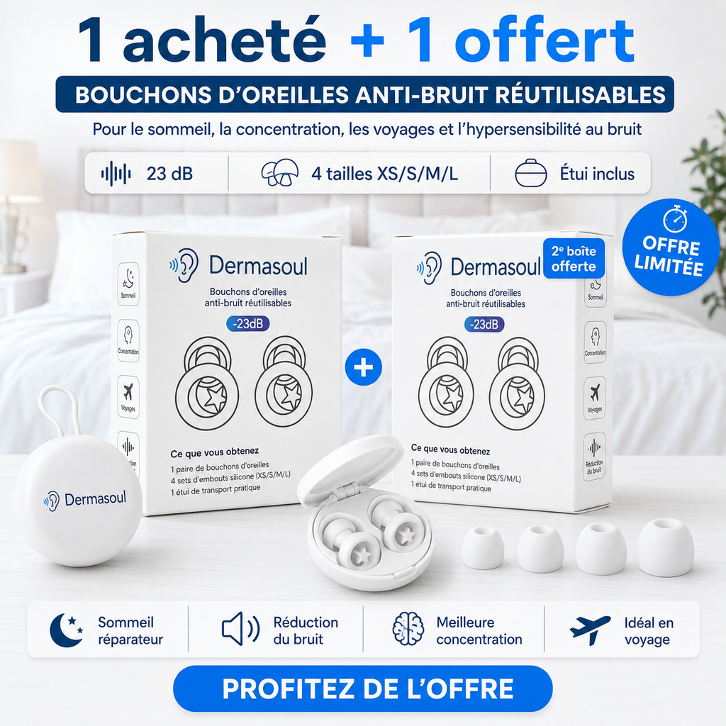 Dermasoul® QuietPods™ - Bouchons anti-bruit 23 dB | Sommeil, concentration & voyage | Offre 1 acheté = 1 offert
