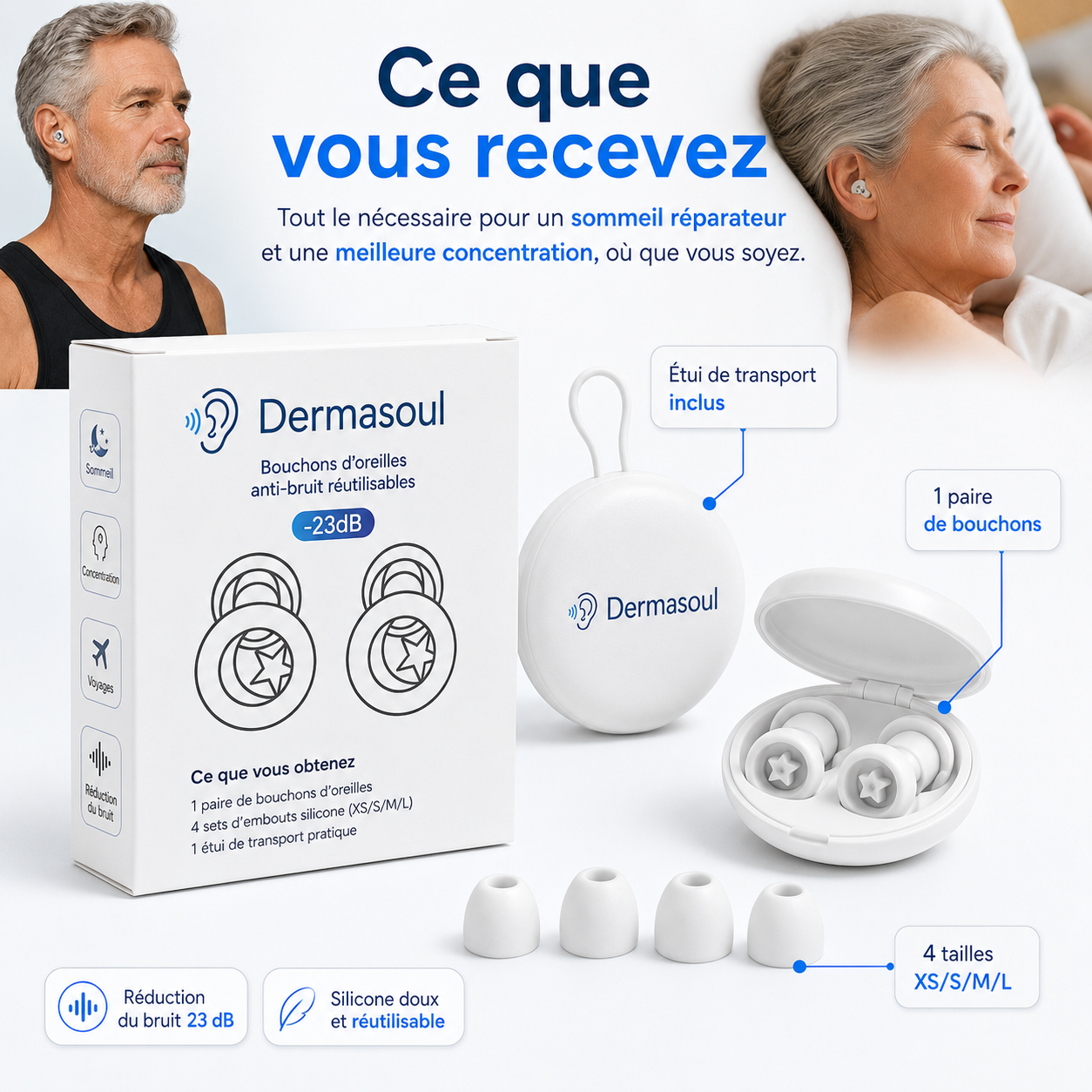 Dermasoul® QuietPods™ - Bouchons anti-bruit 23 dB | Sommeil, concentration & voyage | Offre 1 acheté = 1 offert