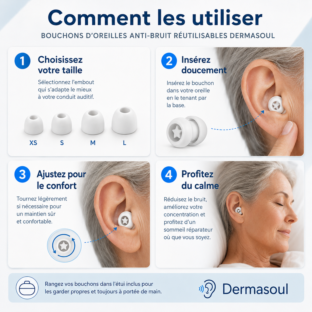 Dermasoul® QuietPods™ - Bouchons anti-bruit 23 dB | Sommeil, concentration & voyage | Offre 1 acheté = 1 offert