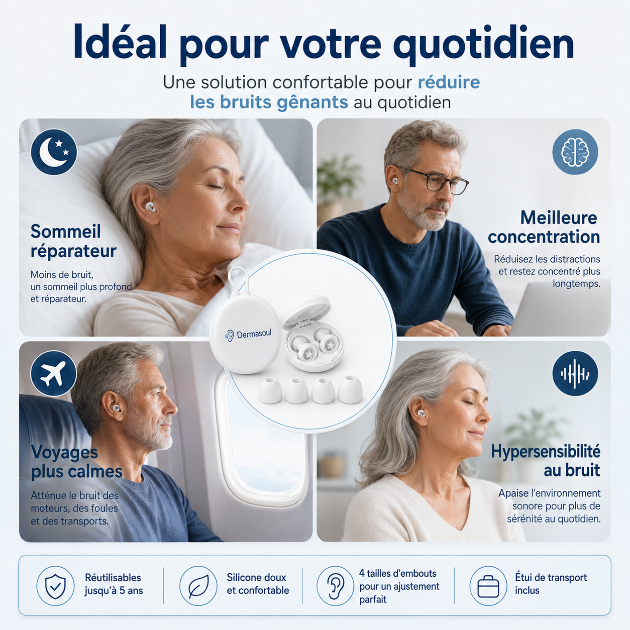 Dermasoul® QuietPods™ - Bouchons anti-bruit 23 dB | Sommeil, concentration & voyage | Offre 1 acheté = 1 offert