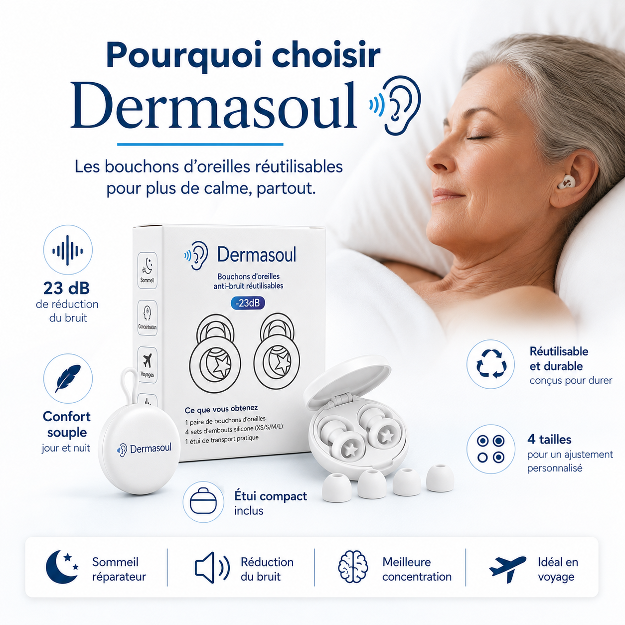 Dermasoul® QuietPods™ - Bouchons anti-bruit 23 dB | Sommeil, concentration & voyage | Offre 1 acheté = 1 offert